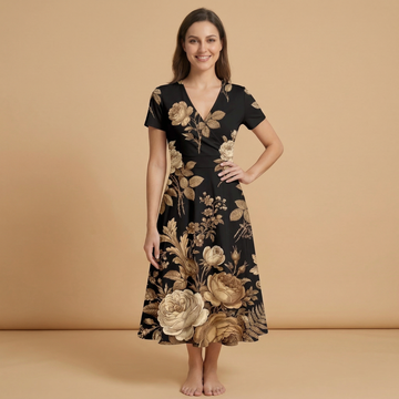 Dark Floral Noir V-Neck Midi Dress — dress a front
