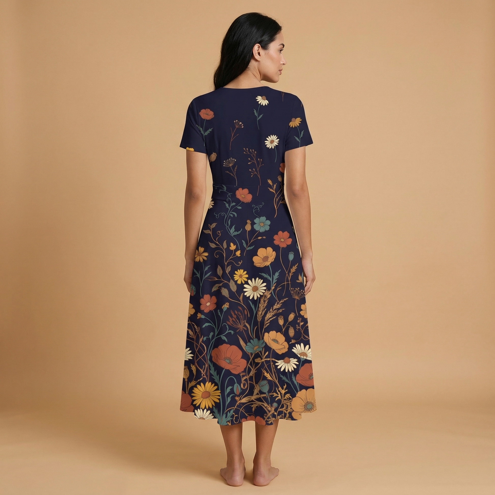 Dark Floral Classic V-Neck Midi Dress (B) — dress b back