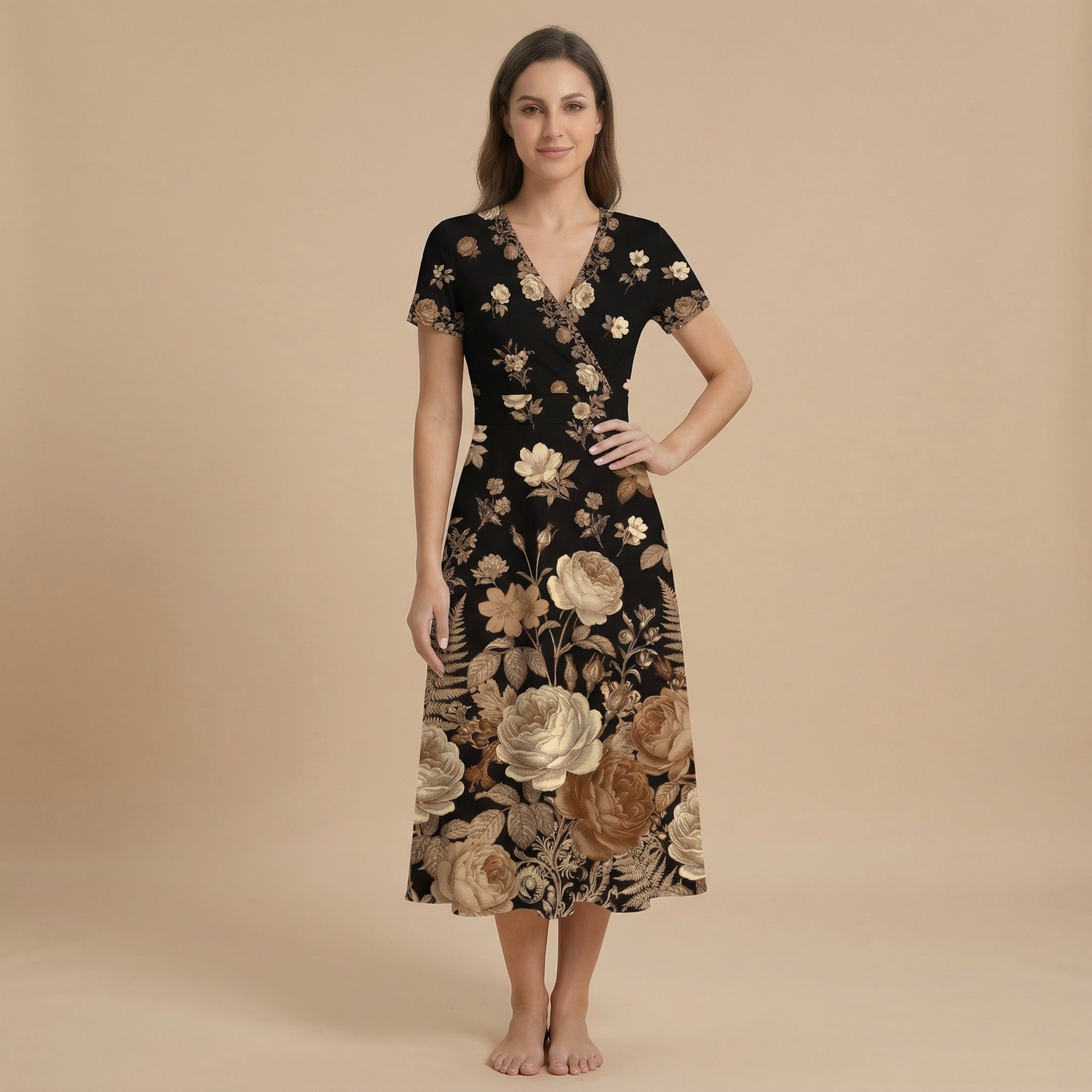 Dark Floral Noir V-Neck Midi Dress — dress b front