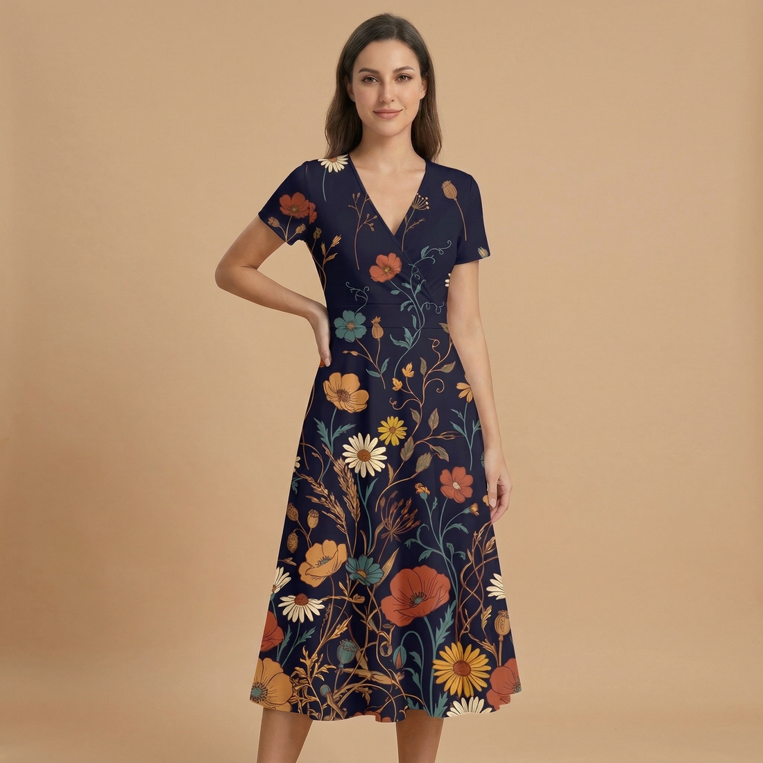 Dark Floral Classic V-Neck Midi Dress (B) — dress b front