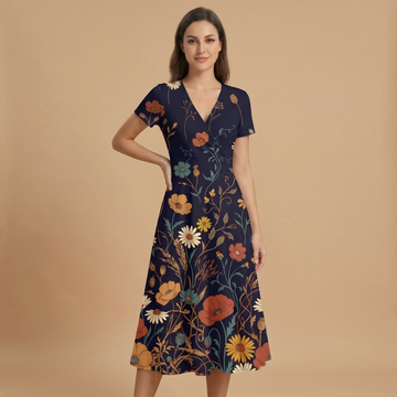 Dark Floral Classic V-Neck Midi Dress (B) — dress b front