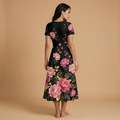 Dark Floral Rose V-Neck Midi Dress (B) — dress back