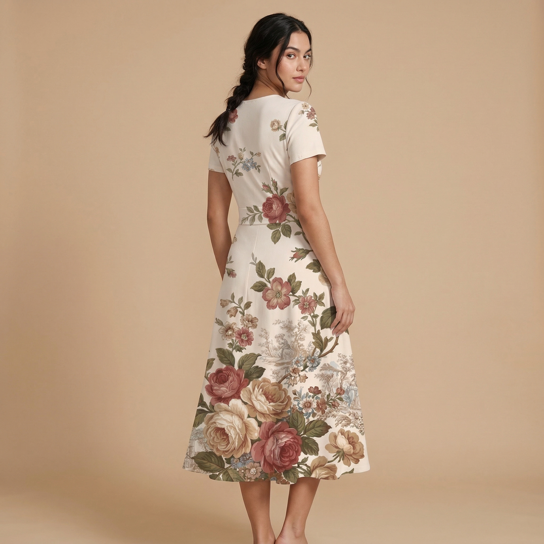 Vintage Floral V-Neck Midi Dress — dress front