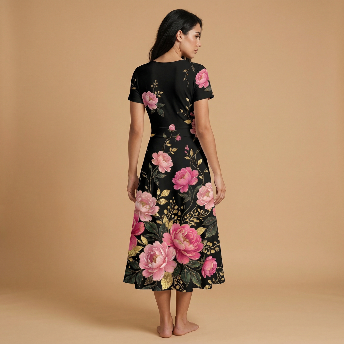 Dark Floral Rose V-Neck Midi Dress (A) — dress front
