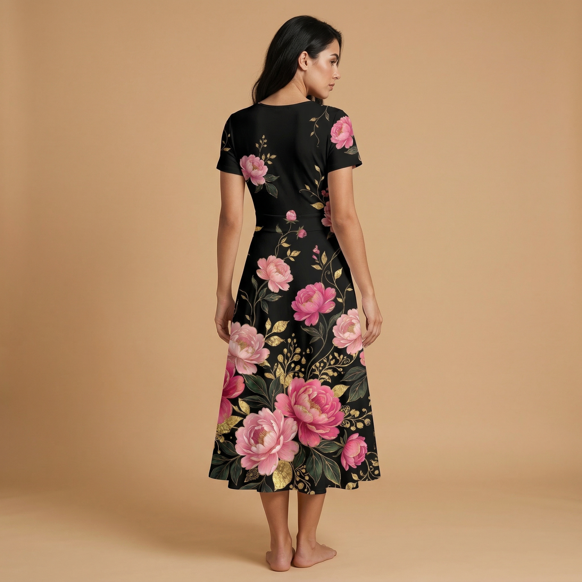 Dark Floral Rose V-Neck Midi Dress (A) — dress back
