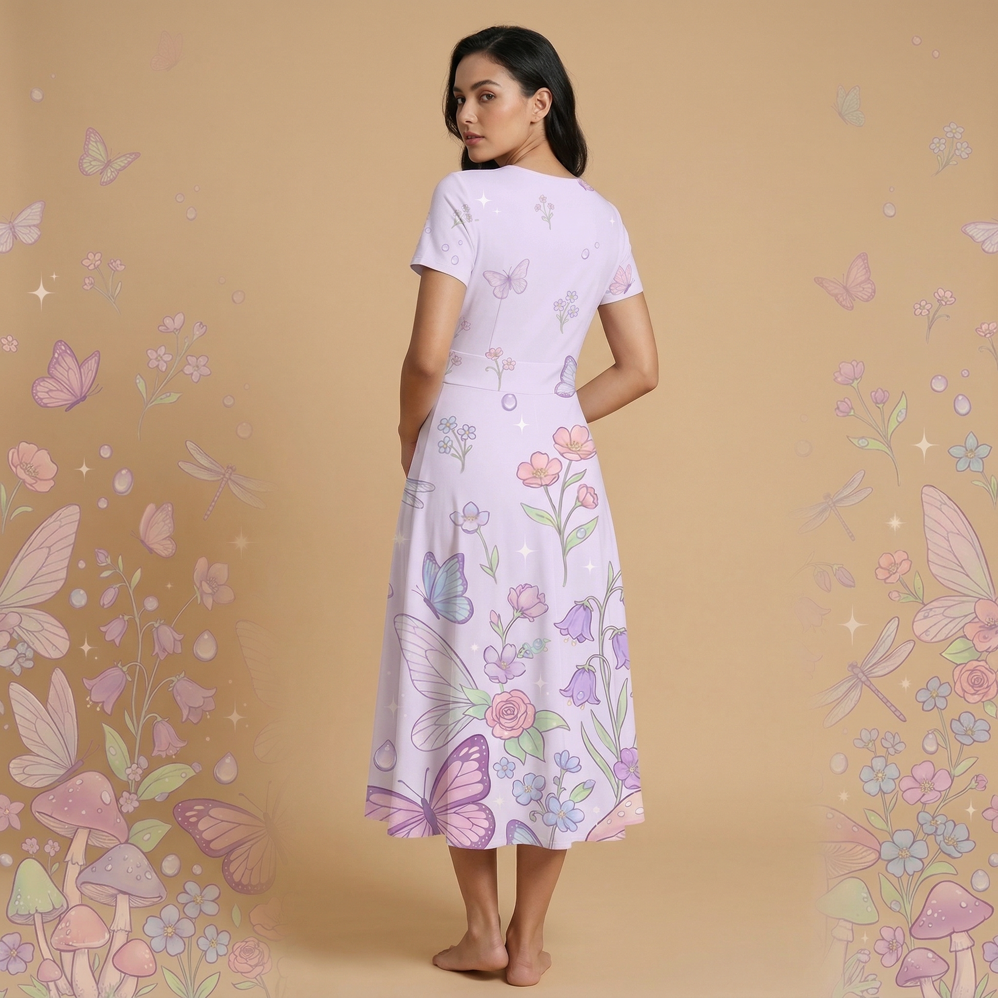 Fairycore Bloom V-Neck Midi Dress — dress back