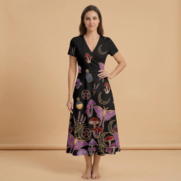 Whimsigoth Midnight V-Neck Midi Dress — dress front