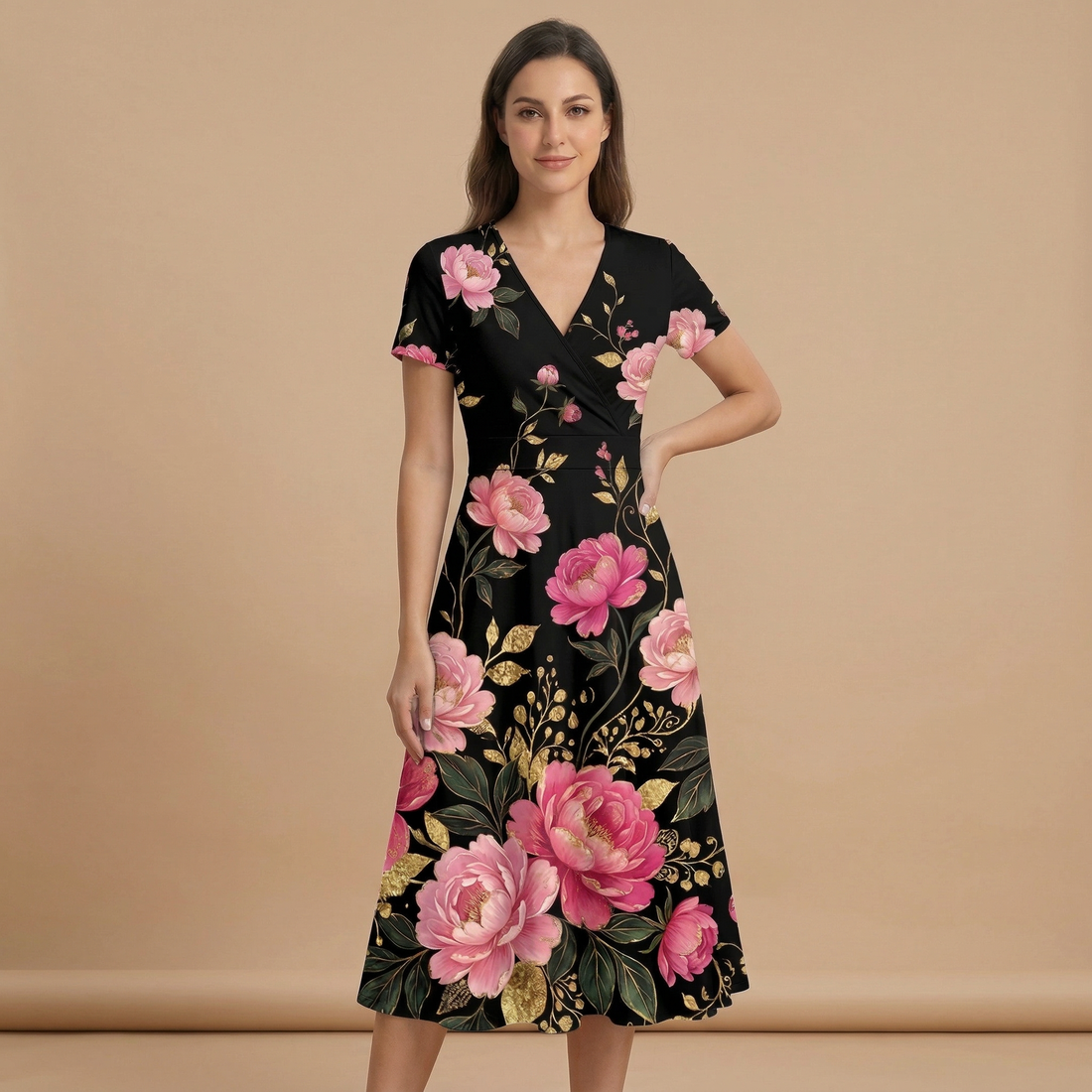 Dark Floral Rose V-Neck Midi Dress (B dup) — dress front