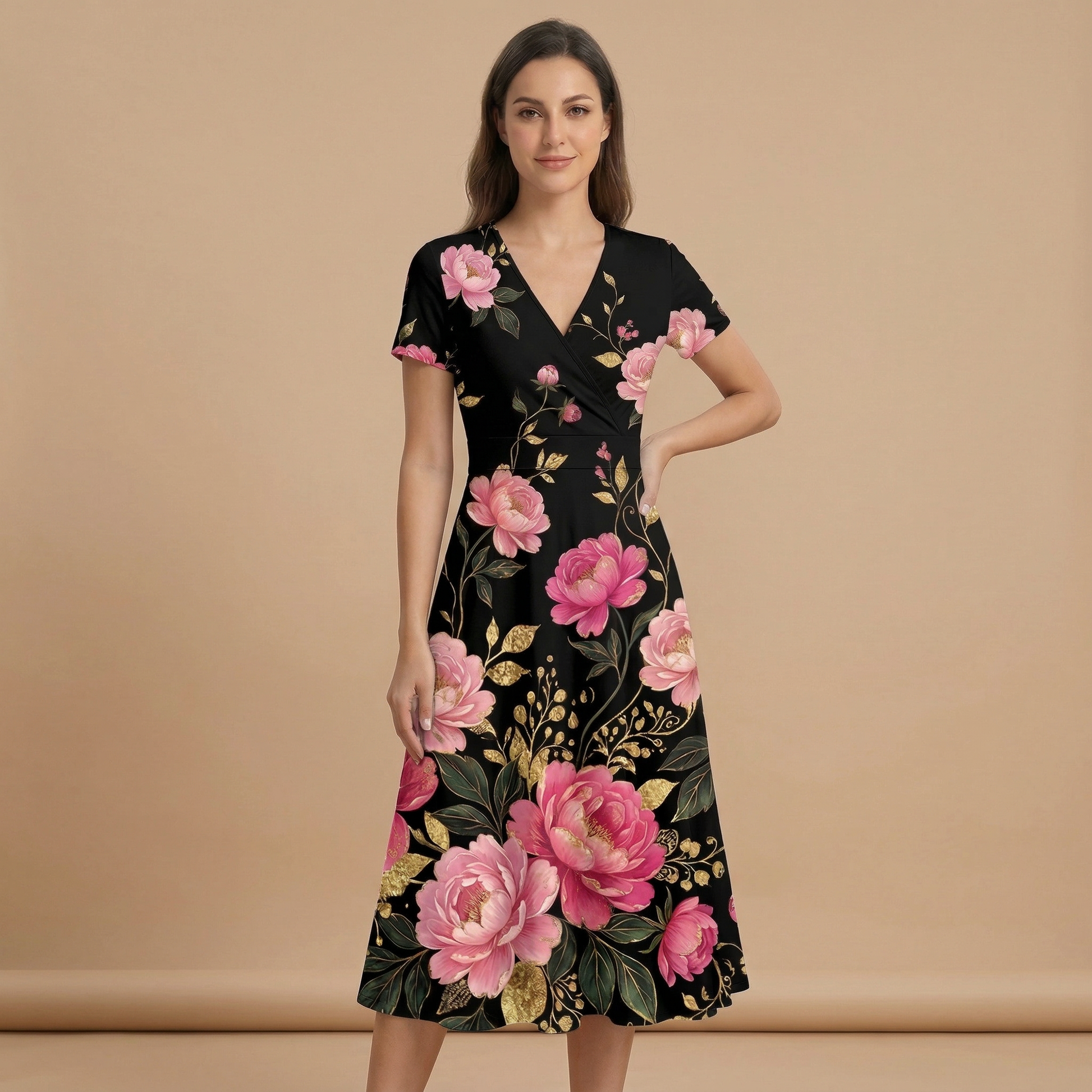 Dark Floral Rose V-Neck Midi Dress (B) — dress front