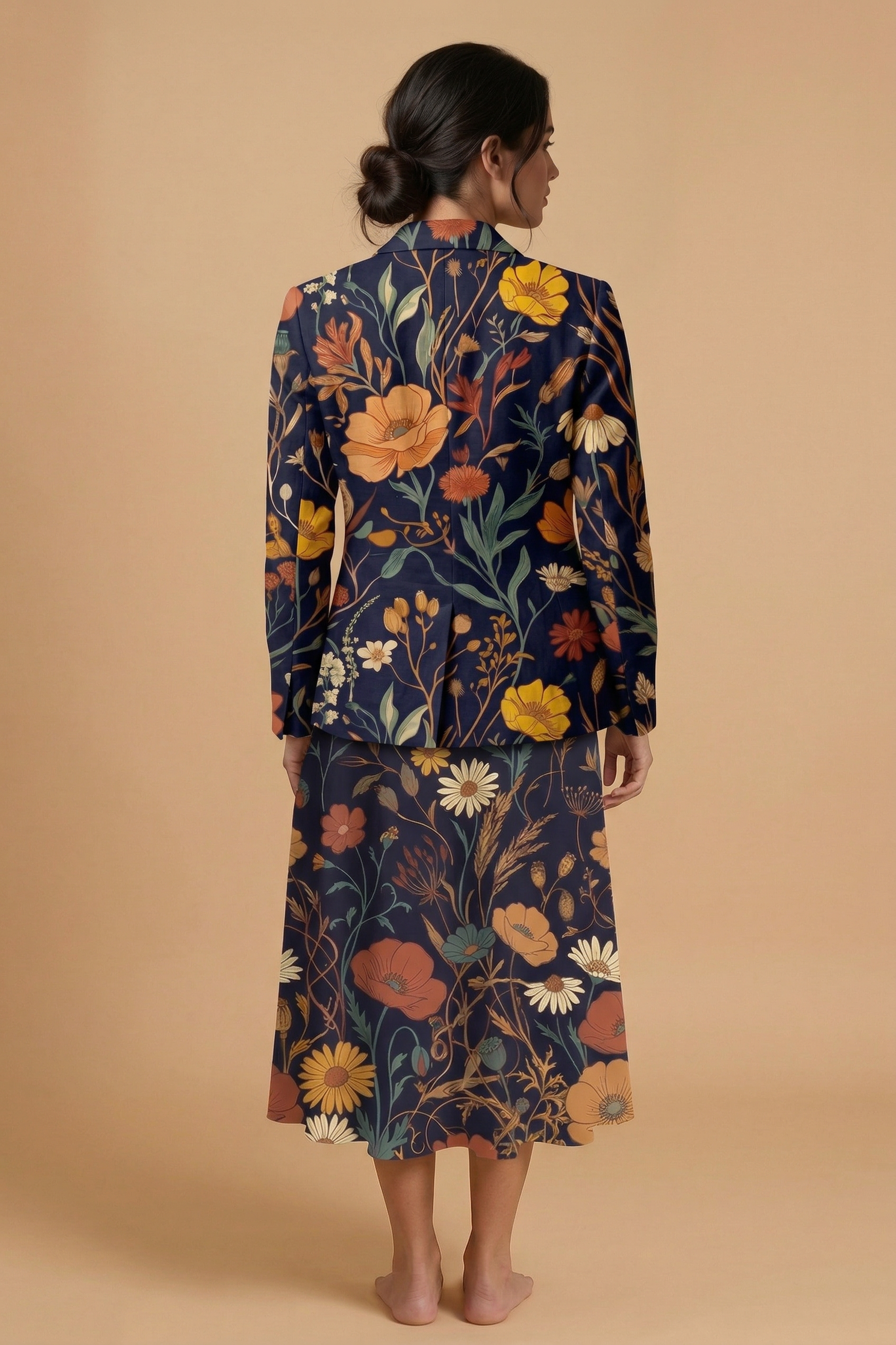 Dark Floral Classic V-Neck Midi Dress (B) — outfit dress b back