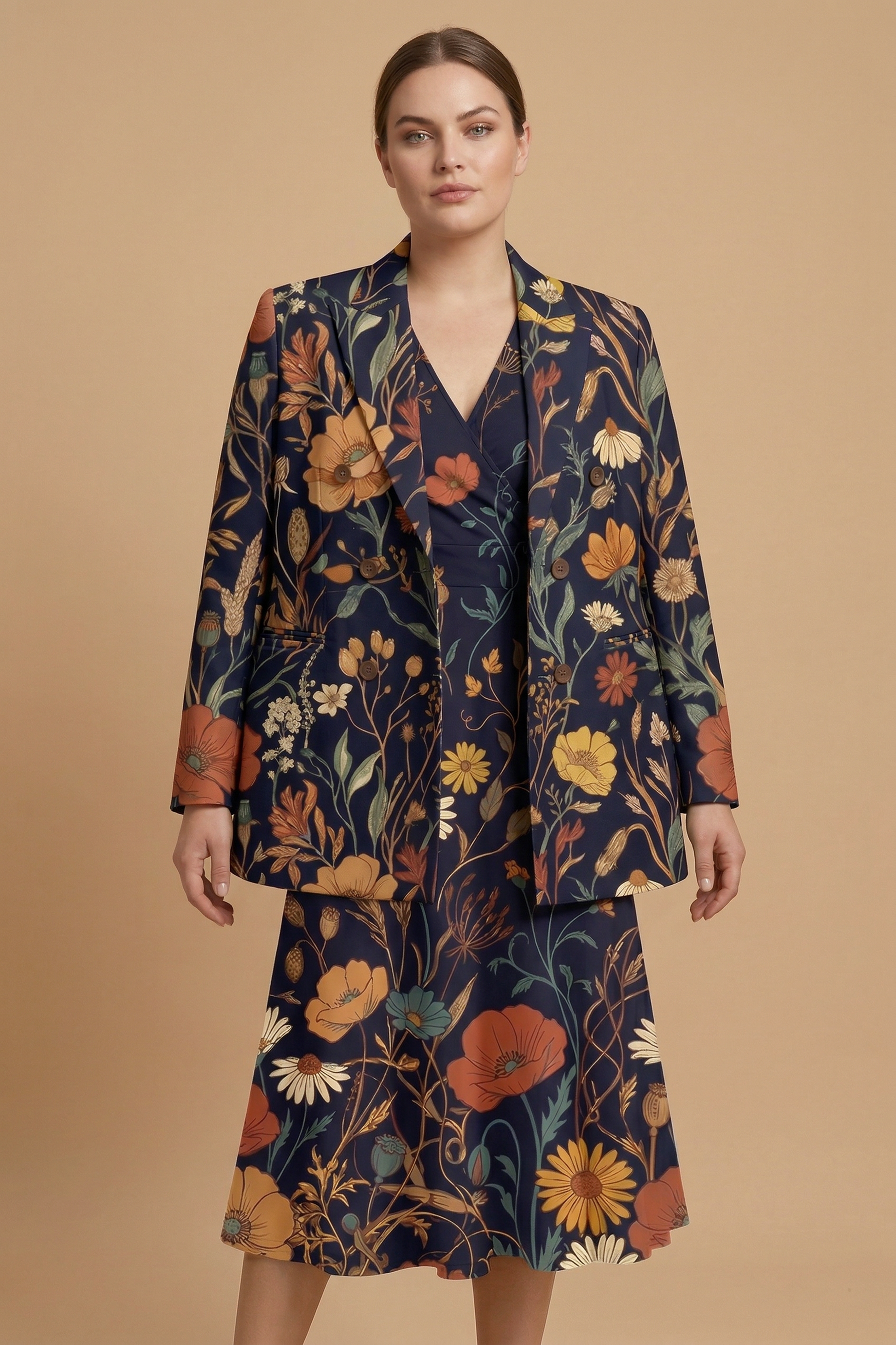 Dark Floral Classic Blazer + Dress Set — outfit dress b front