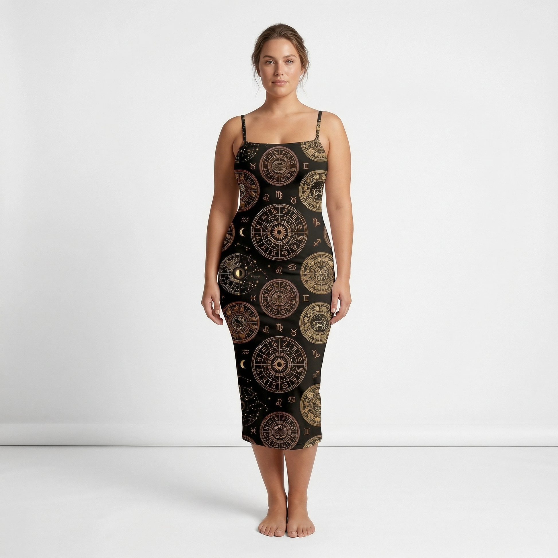 Zodiac Medallion Spaghetti Strap Dress | All Over Print Celestial Fashion — view 6