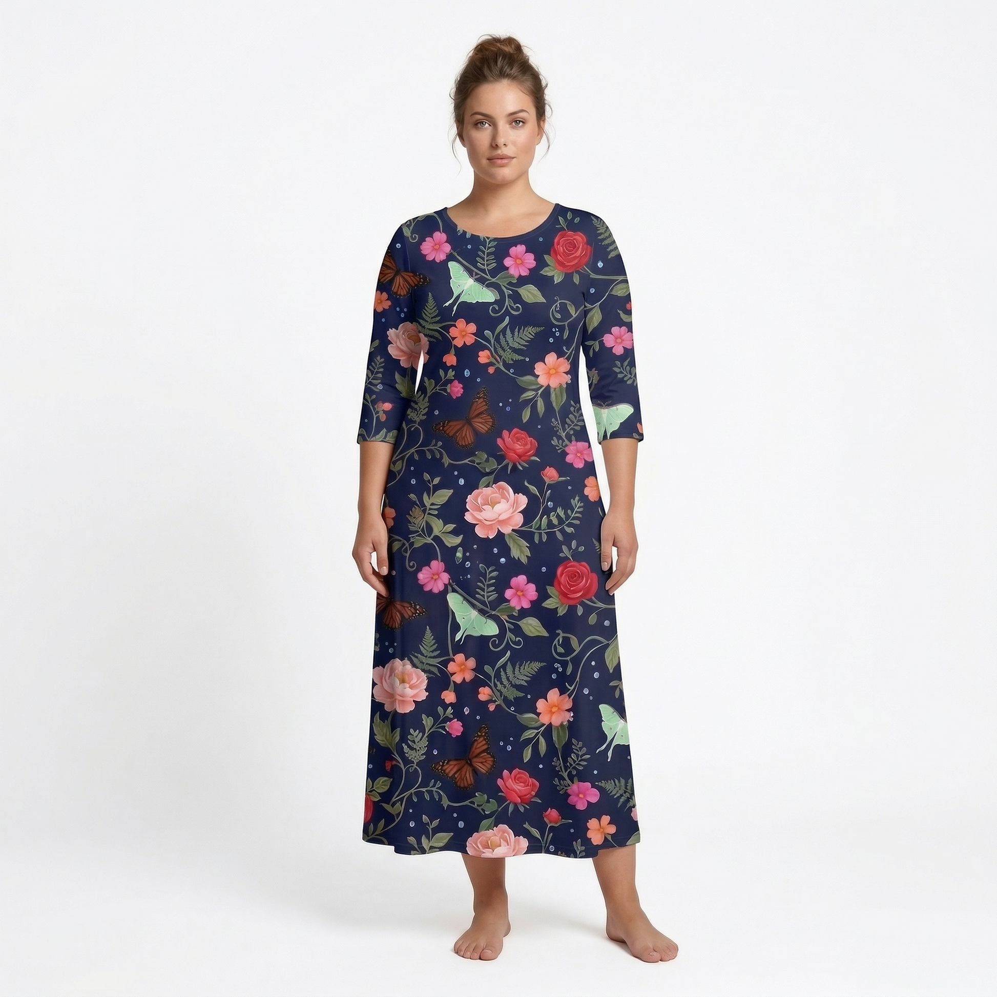 Noir Rose & Butterfly 3/4 Sleeve Maxi Dress | All Over Print Dark Floral Fashion — view 6