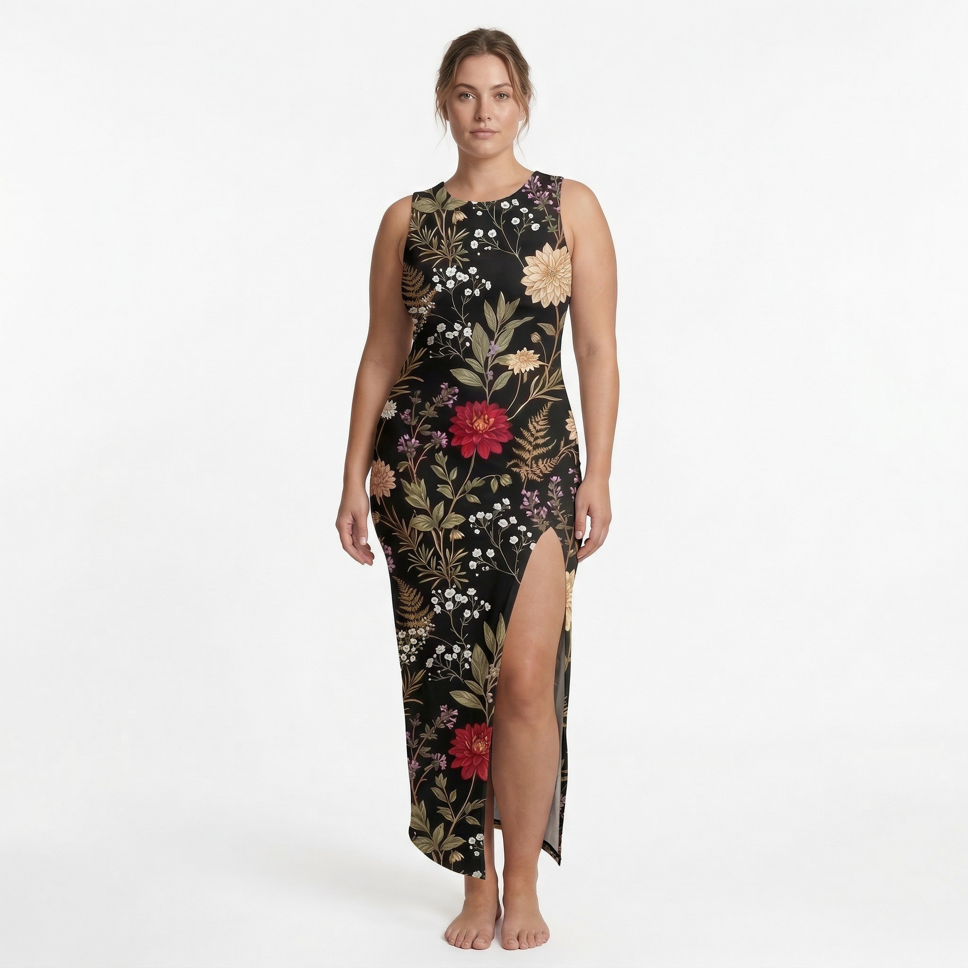 Moonlit Dahlia Side Slit Dress | All Over Print Dark Floral Fashion — view 6