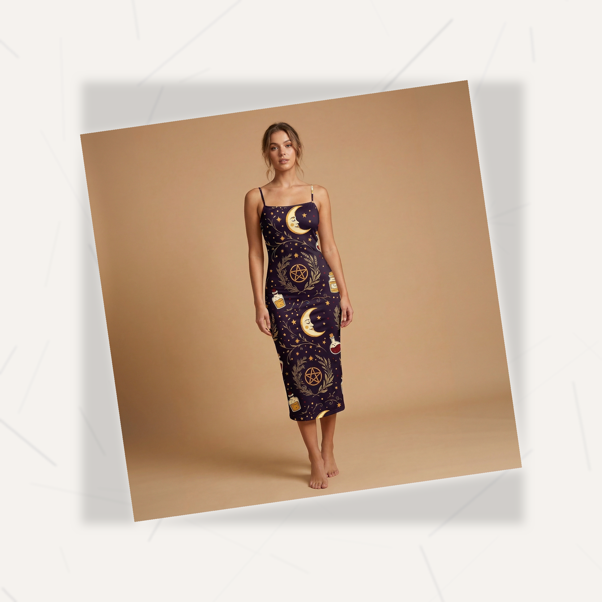 Celestial Witch Spaghetti Strap Dress | All Over Print Whimsigoth Fashion — view 7