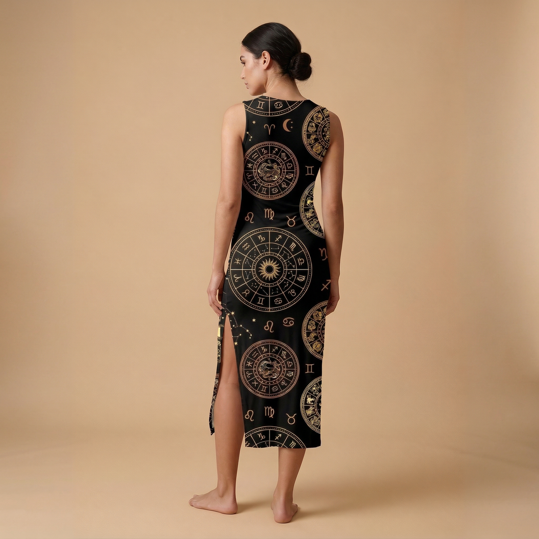 Zodiac Medallion Side Slit Dress | All Over Print Celestial Fashion — view 1