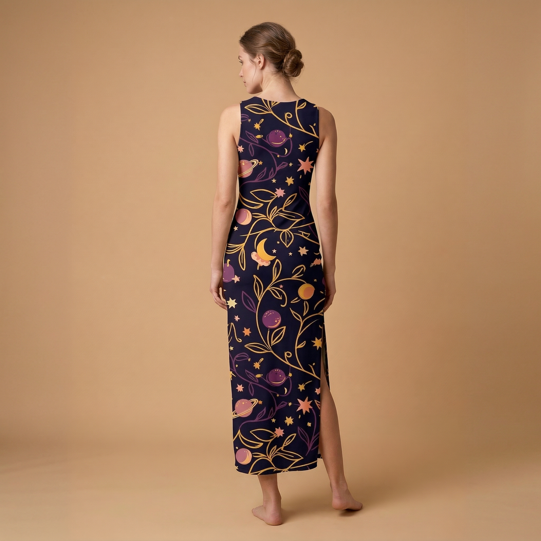 Cosmic Garden Side Slit Dress | All Over Print Celestial Fashion — view 1