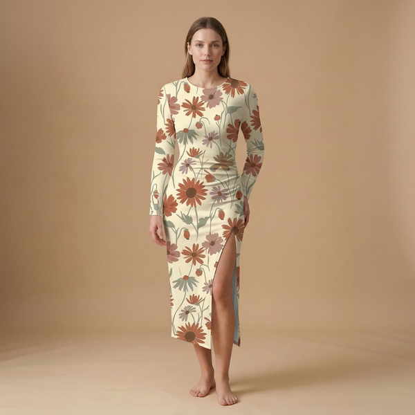 Wildflower Meadow side slit dress front view - boho floral all over print fashion