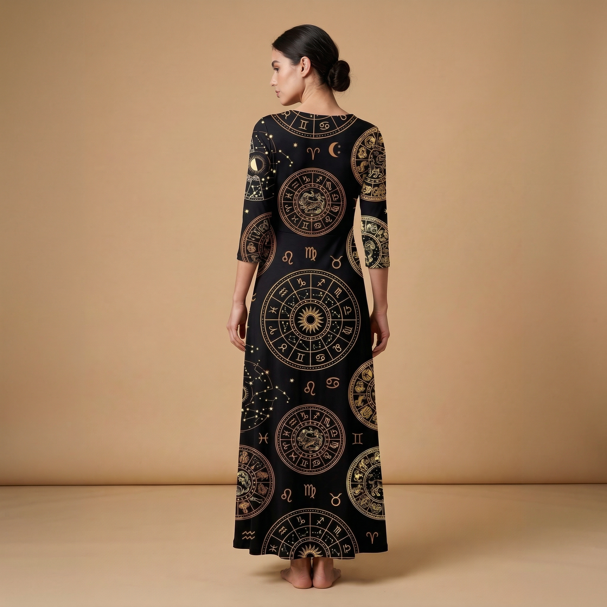 Zodiac Medallion 3/4 Sleeve Maxi Dress | All Over Print Celestial Fashion — view 2