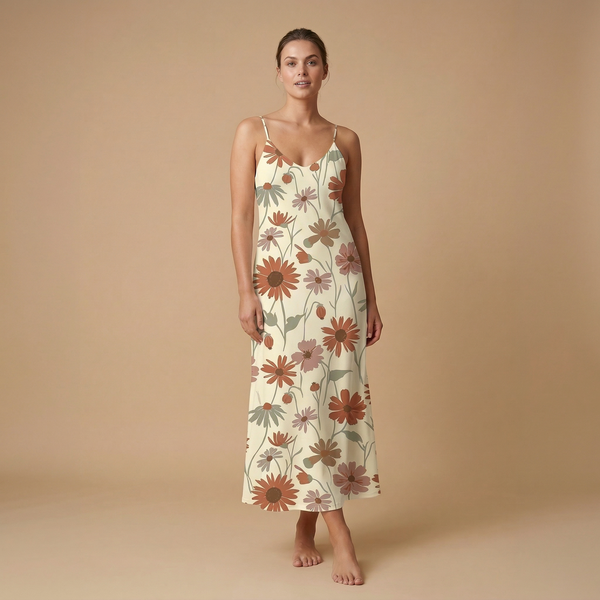 Wildflower Meadow sleeveless maxi dress front view - boho floral all over print fashion