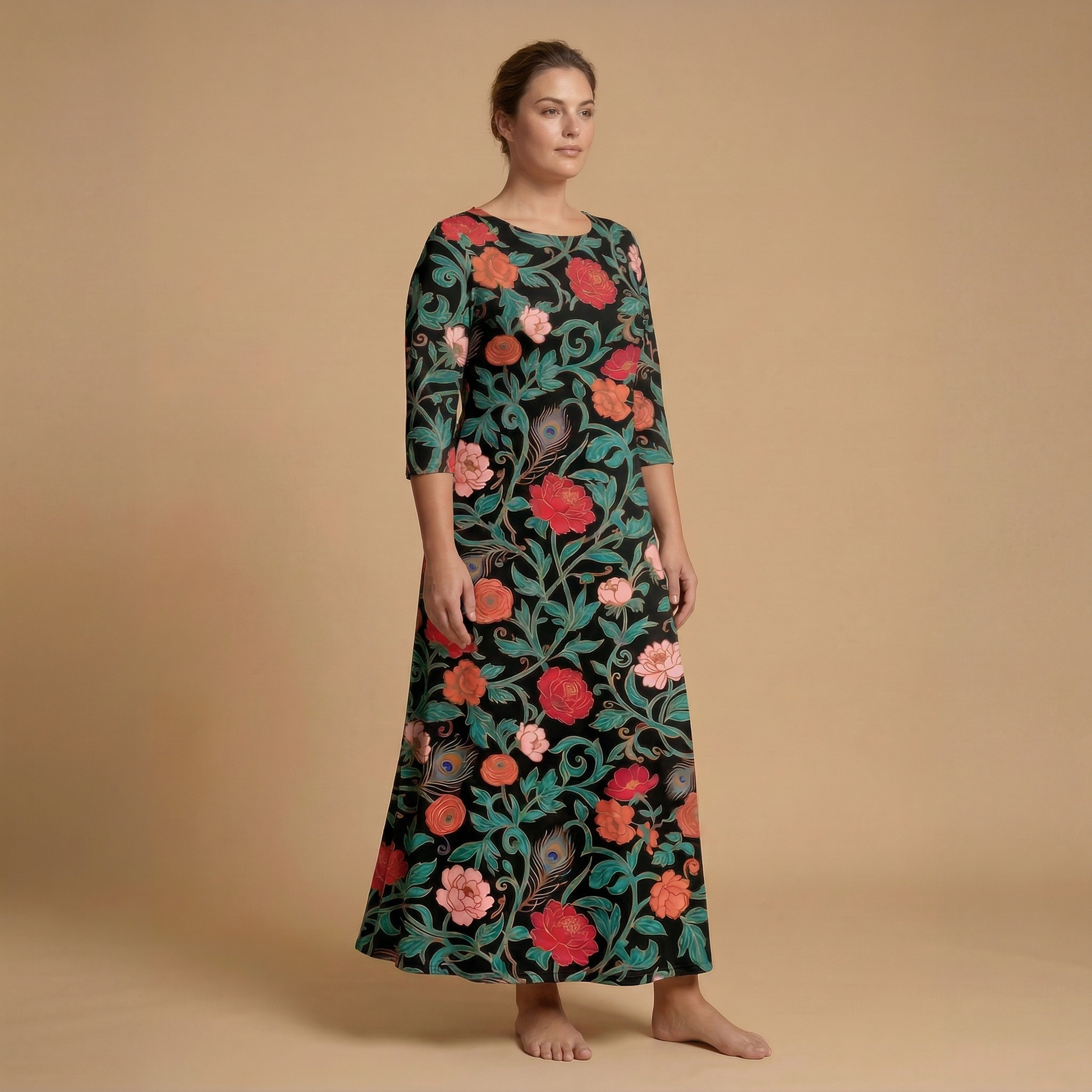 Dark Garden Tapestry 3/4 Sleeve Maxi Dress | All Over Print Dark Floral Fashion — view 3