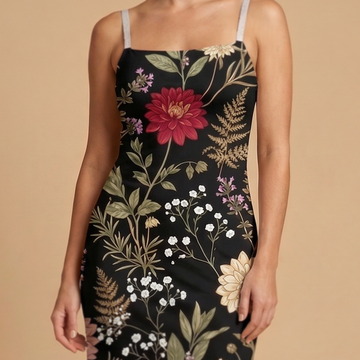 Moonlit Dahlia spaghetti strap dress movement shot - dark floral sublimation print dress