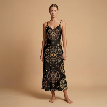 Zodiac Medallion Sleeveless Maxi Dress | All Over Print Celestial Fashion — view 1
