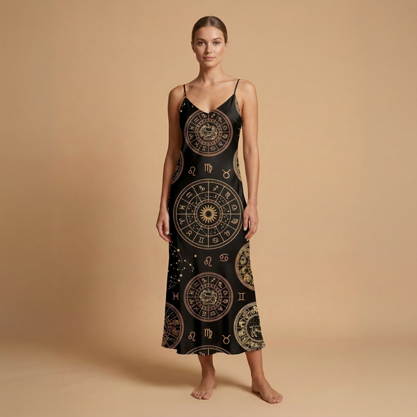 Zodiac Medallion sleeveless maxi dress front view - celestial all over print fashion