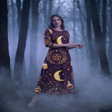 Maiden Bloom lifestyle — woman wearing all-over print dress