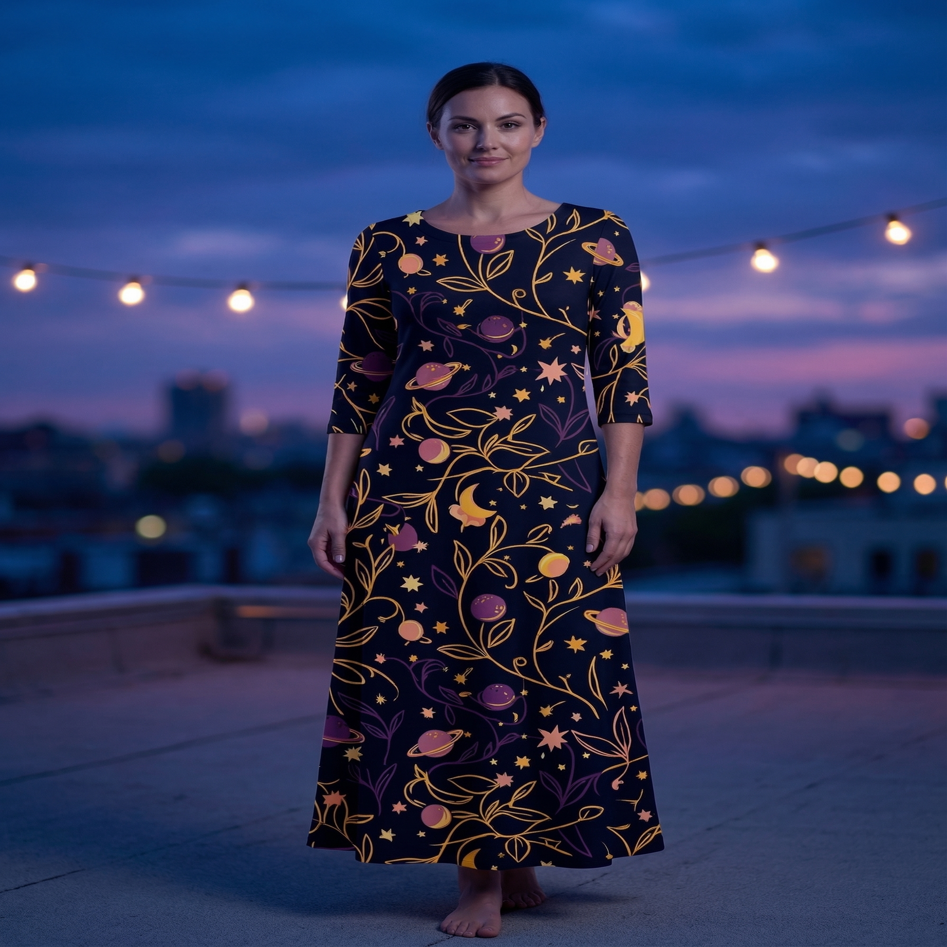 Cosmic Garden 3/4 Sleeve Maxi Dress | All Over Print Celestial Fashion — view 4