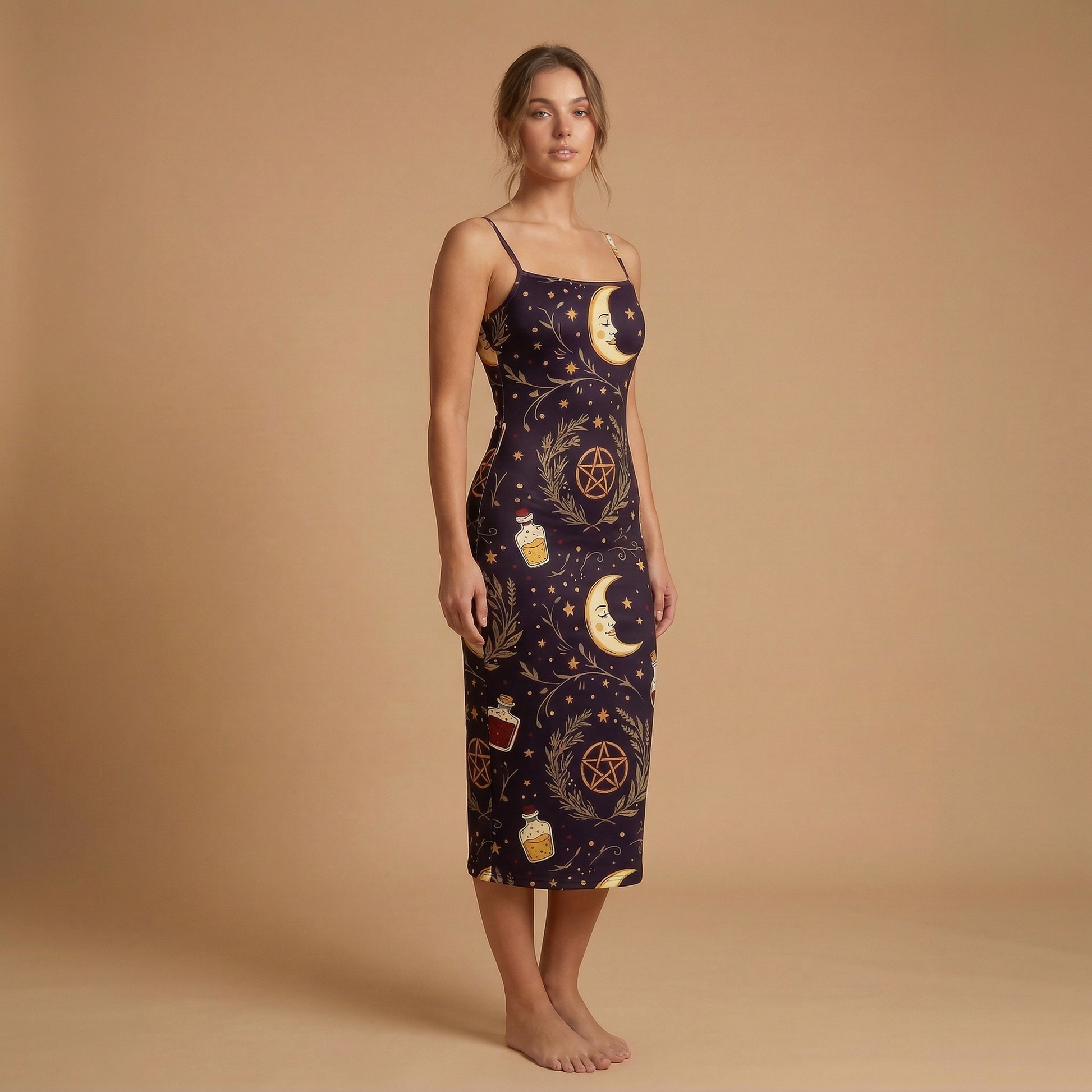 Celestial Witch Spaghetti Strap Dress | All Over Print Whimsigoth Fashion — view 3