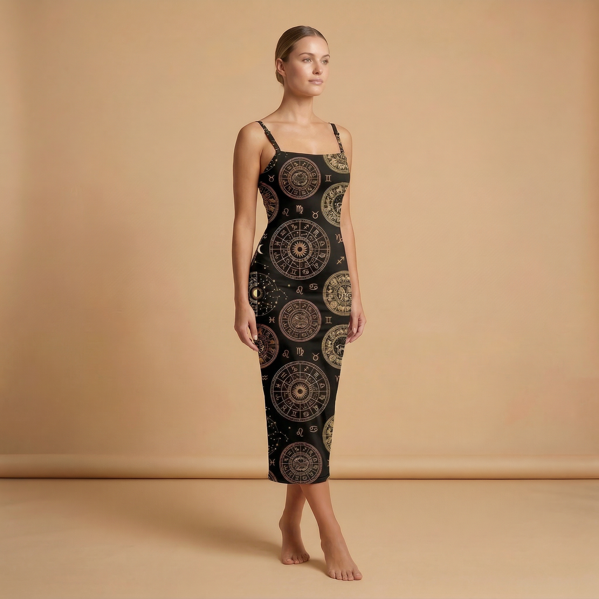 Zodiac Medallion Spaghetti Strap Dress | All Over Print Celestial Fashion — view 3