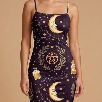 Celestial Witch spaghetti strap dress movement shot - whimsigoth sublimation print dress