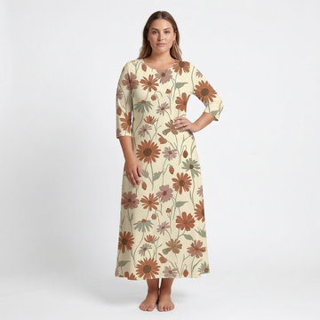 Wildflower Meadow 3/4 sleeve maxi dress movement shot - boho floral sublimation print dress