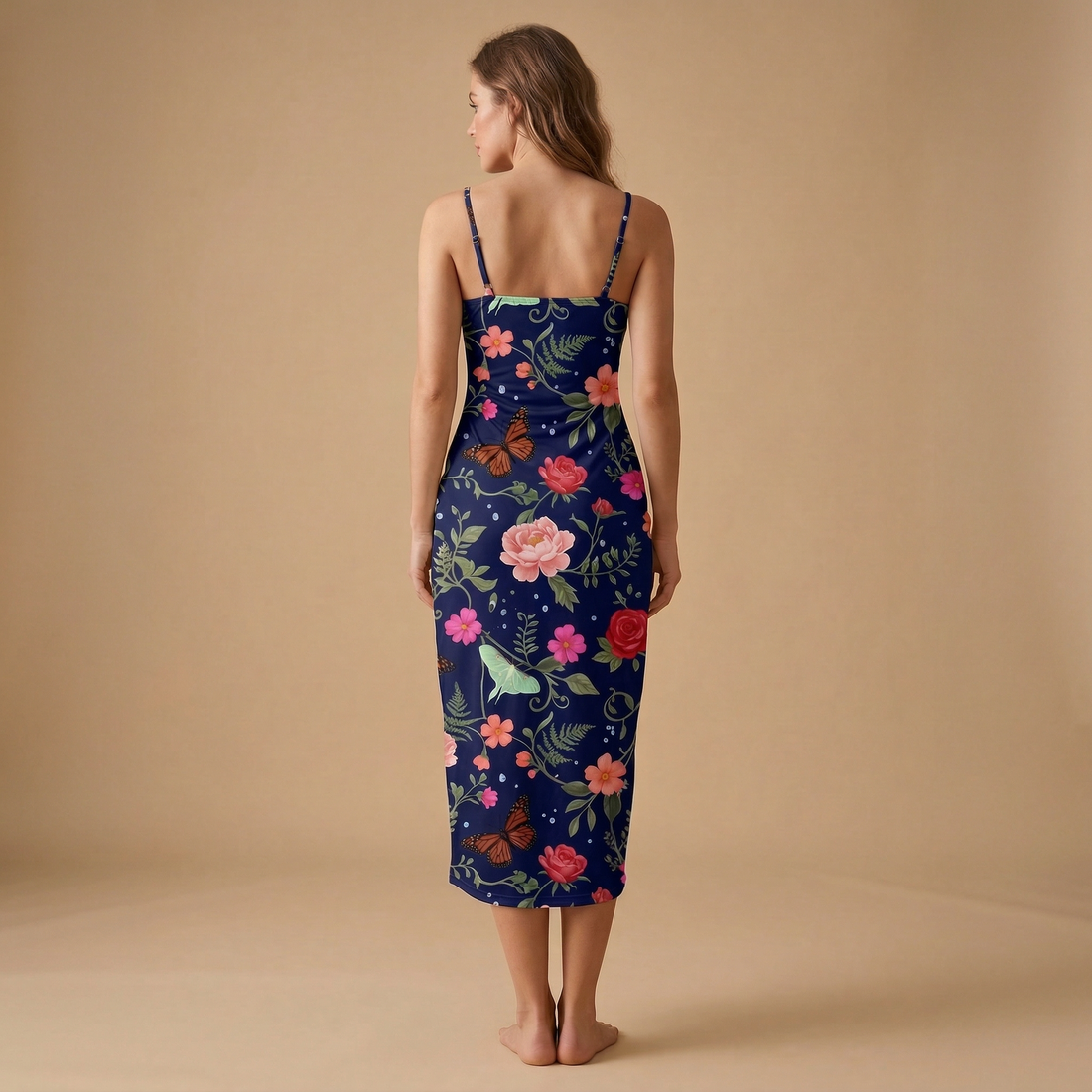 Noir Rose & Butterfly Spaghetti Strap Dress | All Over Print Dark Floral Fashion — view 1