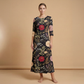 Moonlit Dahlia 3/4 Sleeve Maxi Dress | All Over Print Dark Floral Fashion — view 1