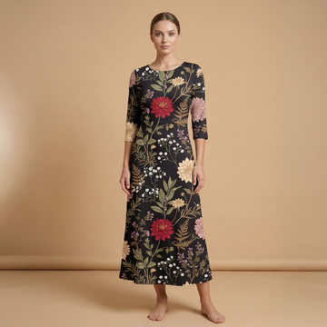 Moonlit Dahlia 3/4 Sleeve Maxi Dress | All Over Print Dark Floral Fashion — view 1