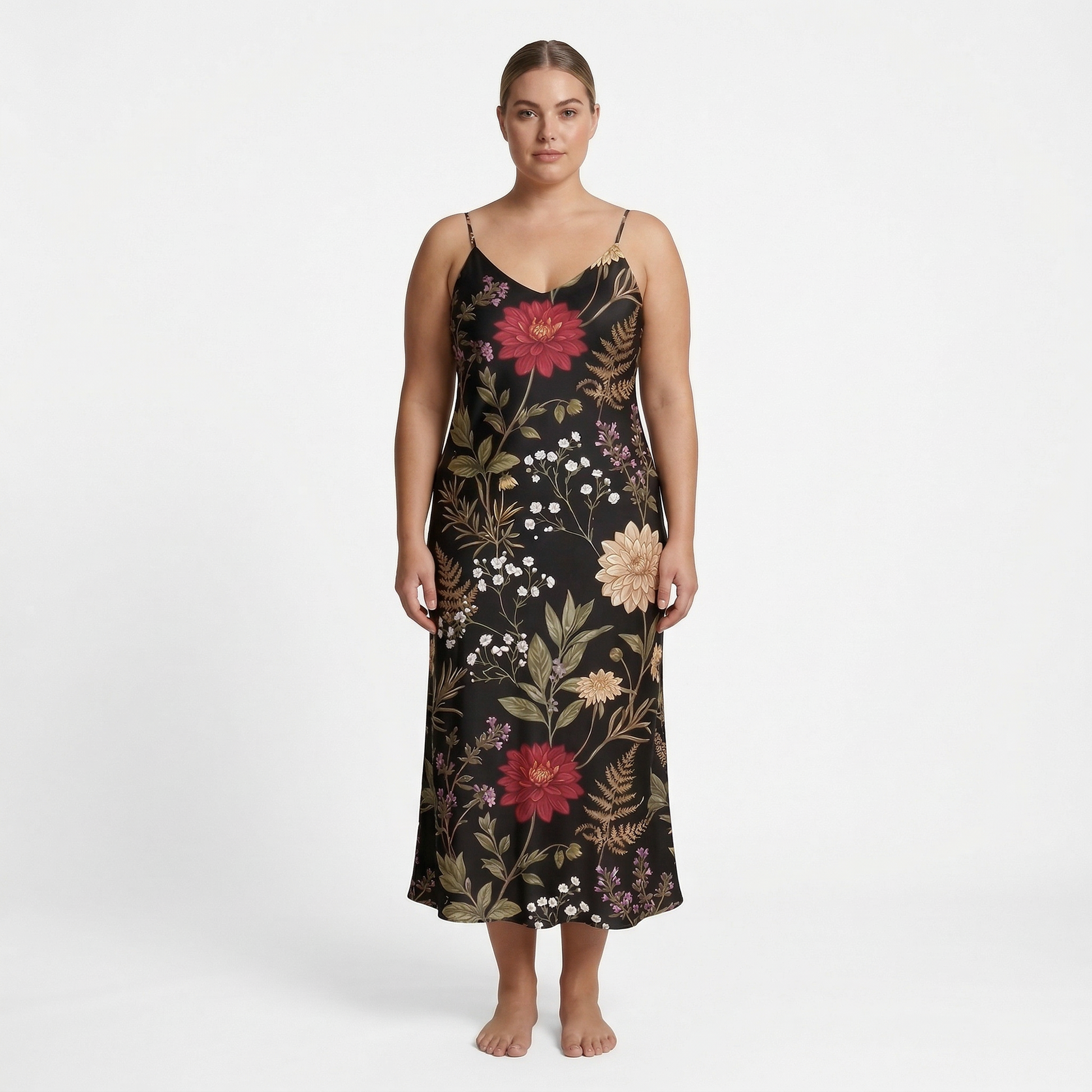 Moonlit Dahlia Sleeveless Maxi Dress | All Over Print Dark Floral Fashion — view 6