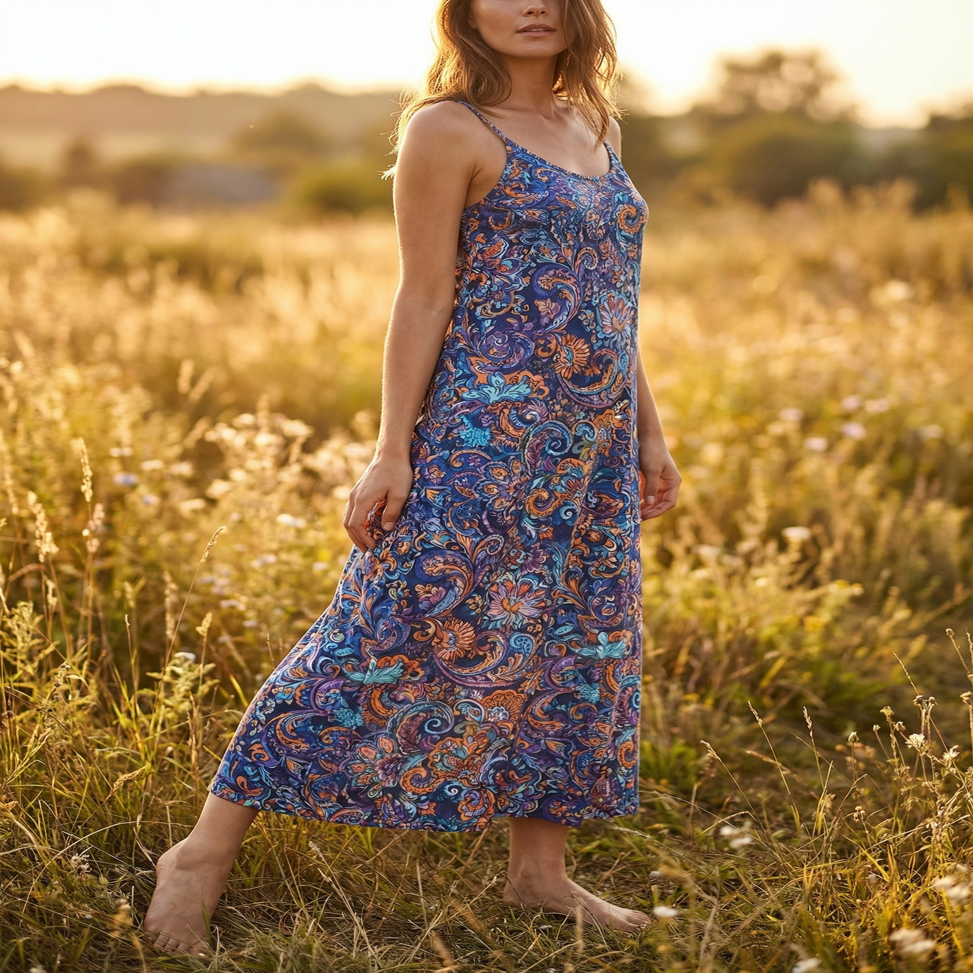 Wildflower Meadow Sleeveless Maxi Dress | All Over Print Boho Floral Fashion — view 4