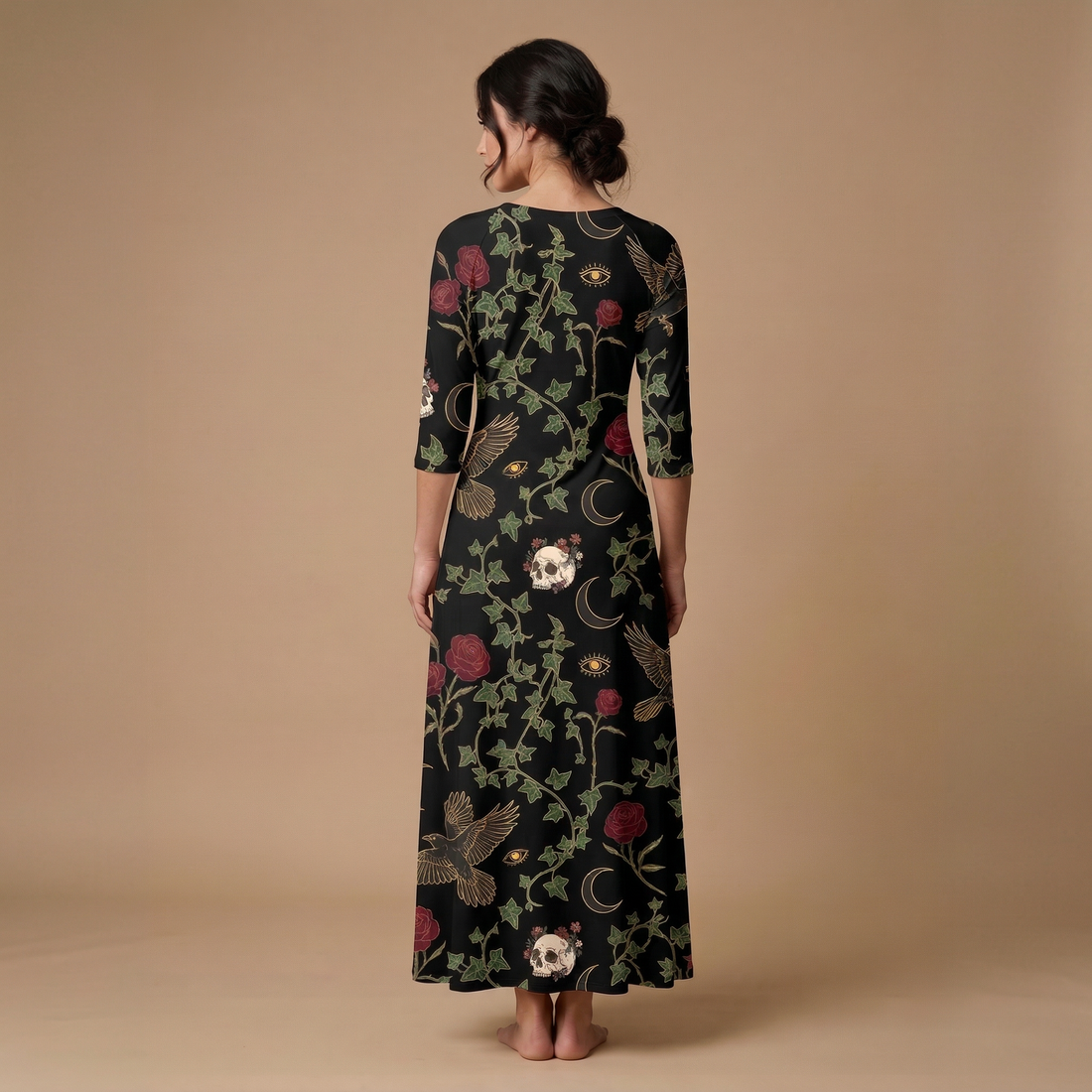Raven & Roses 3/4 Sleeve Maxi Dress | All Over Print Whimsigoth Fashion — view 1
