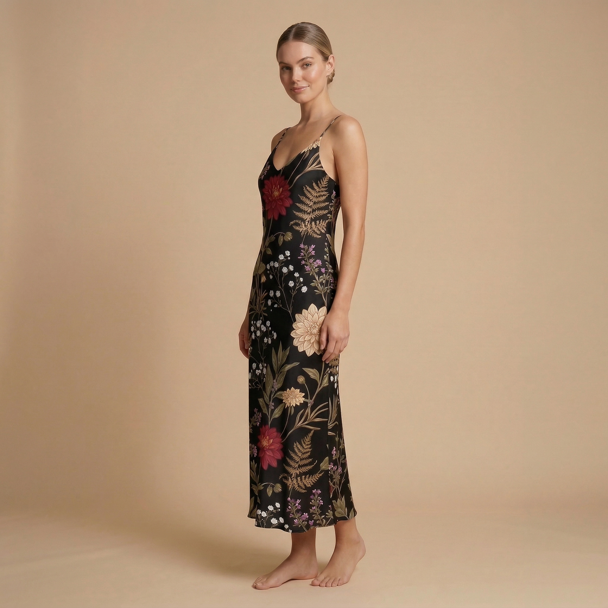 Moonlit Dahlia Sleeveless Maxi Dress | All Over Print Dark Floral Fashion — view 3