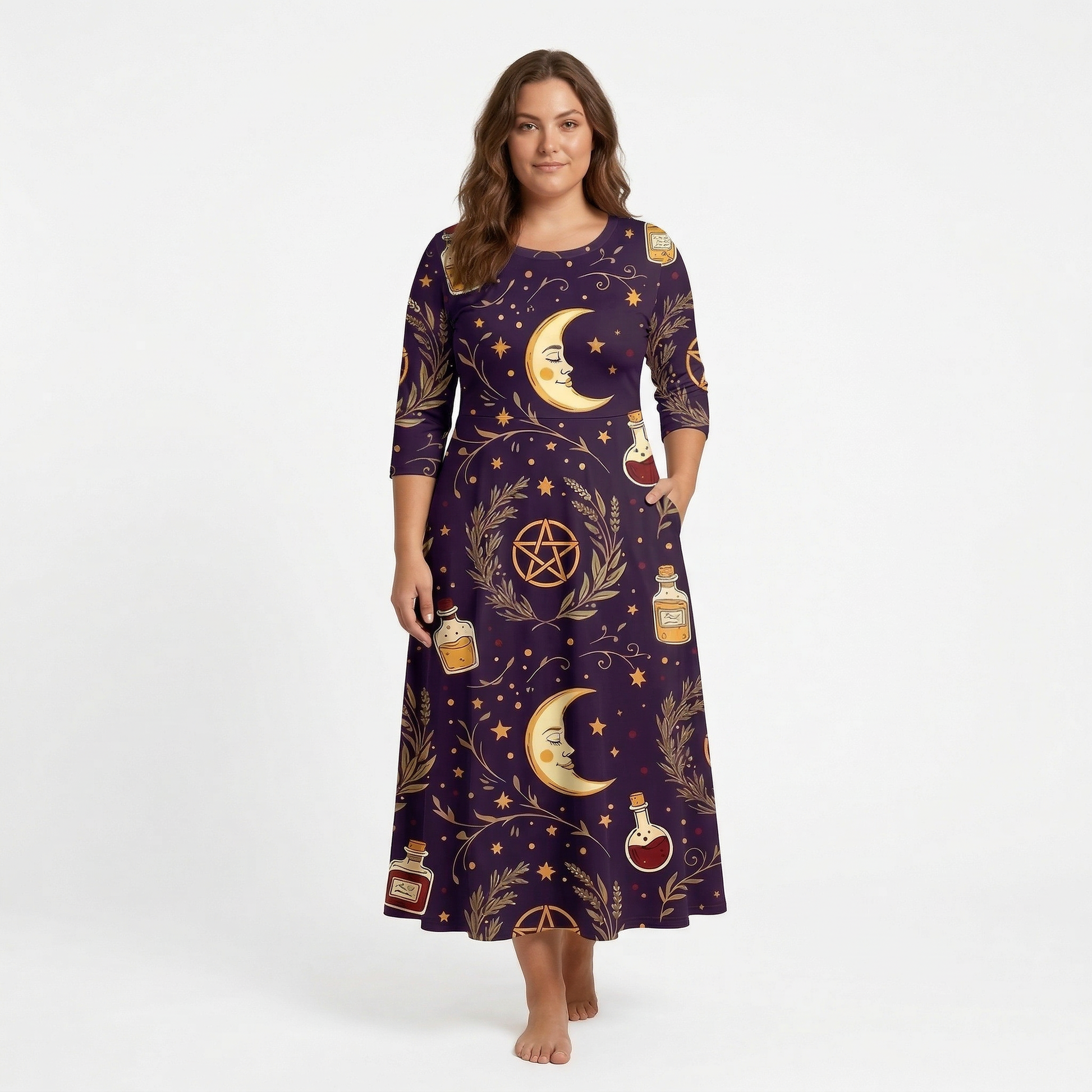 Celestial Witch 3/4 Sleeve Maxi Dress | All Over Print Whimsigoth Fashion — view 6