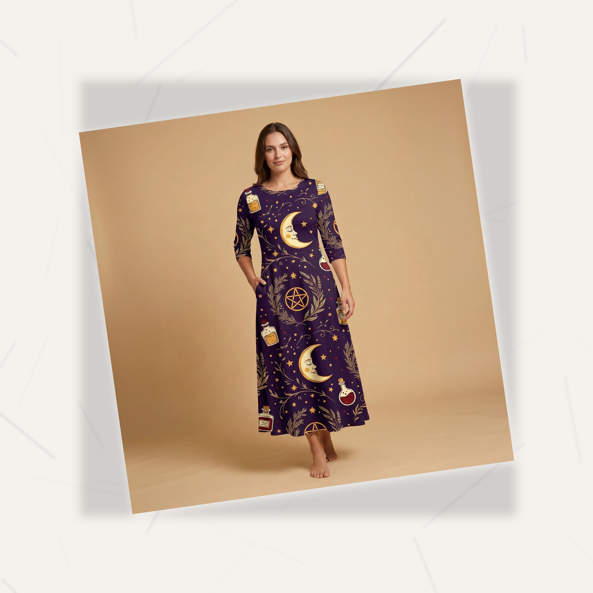 Celestial Witch 3/4 Sleeve Maxi Dress | All Over Print Whimsigoth Fashion — view 7