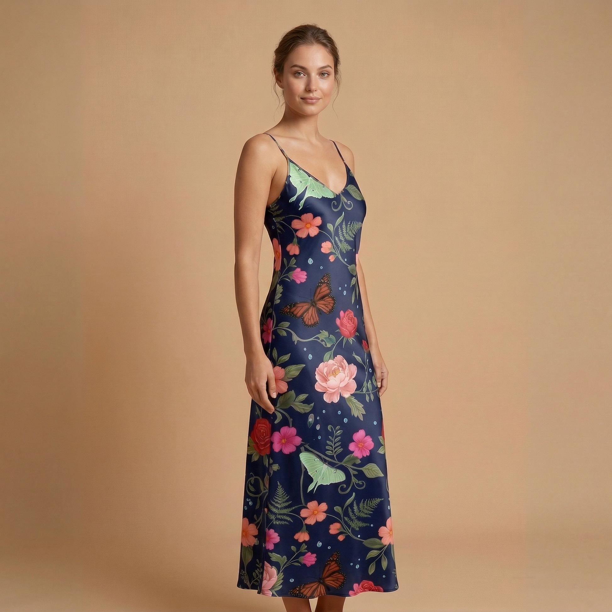Noir Rose & Butterfly Sleeveless Maxi Dress | All Over Print Dark Floral Fashion — view 3