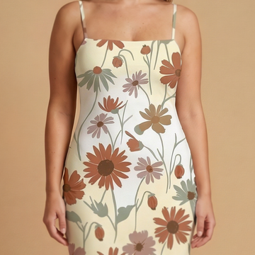 Wildflower Meadow spaghetti strap dress movement shot - boho floral sublimation print dress