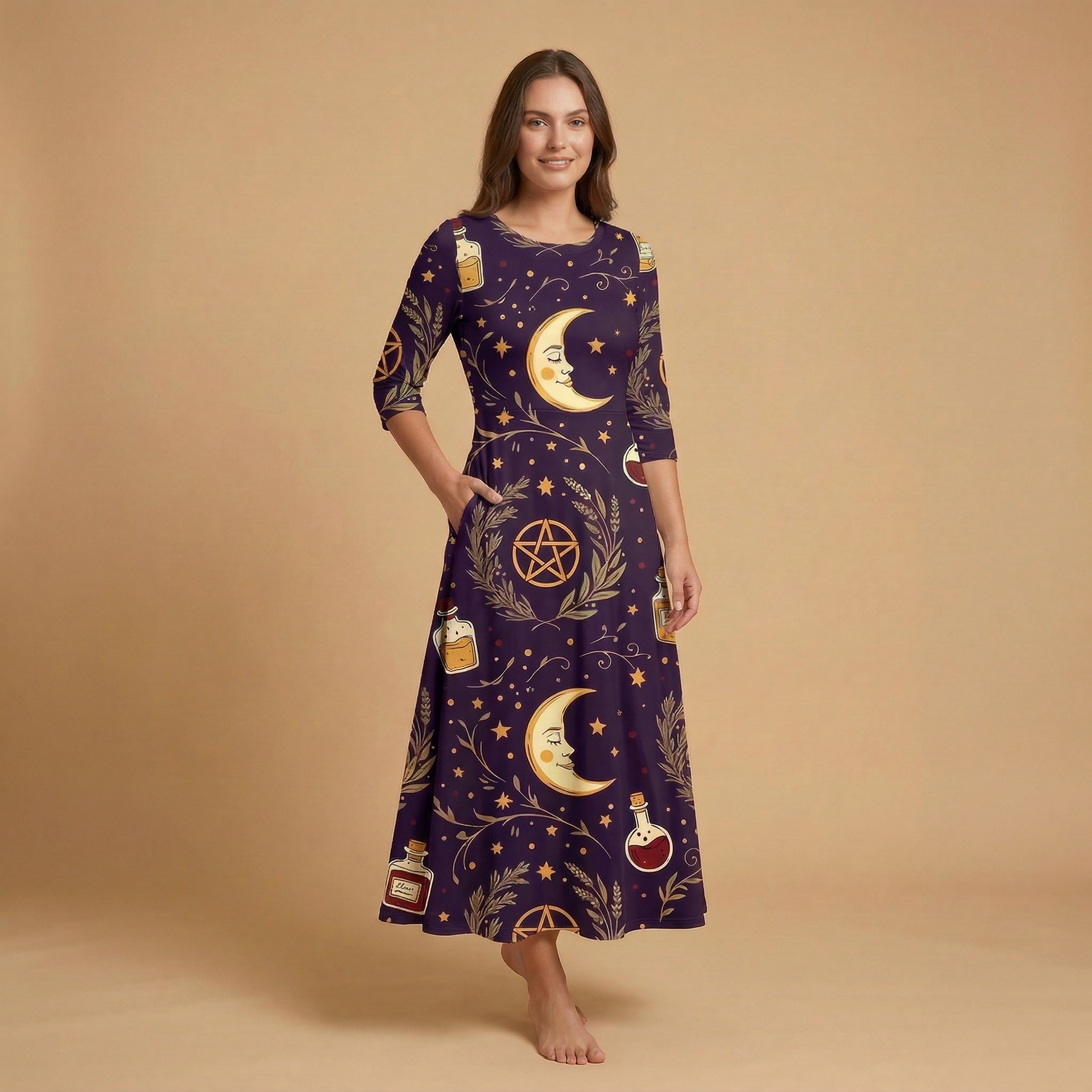 Celestial Witch 3/4 Sleeve Maxi Dress | All Over Print Whimsigoth Fashion — view 3
