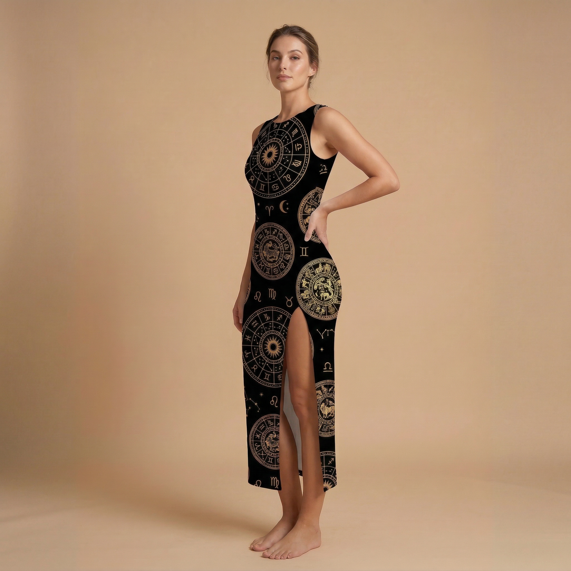 Zodiac Medallion Side Slit Dress | All Over Print Celestial Fashion — view 3