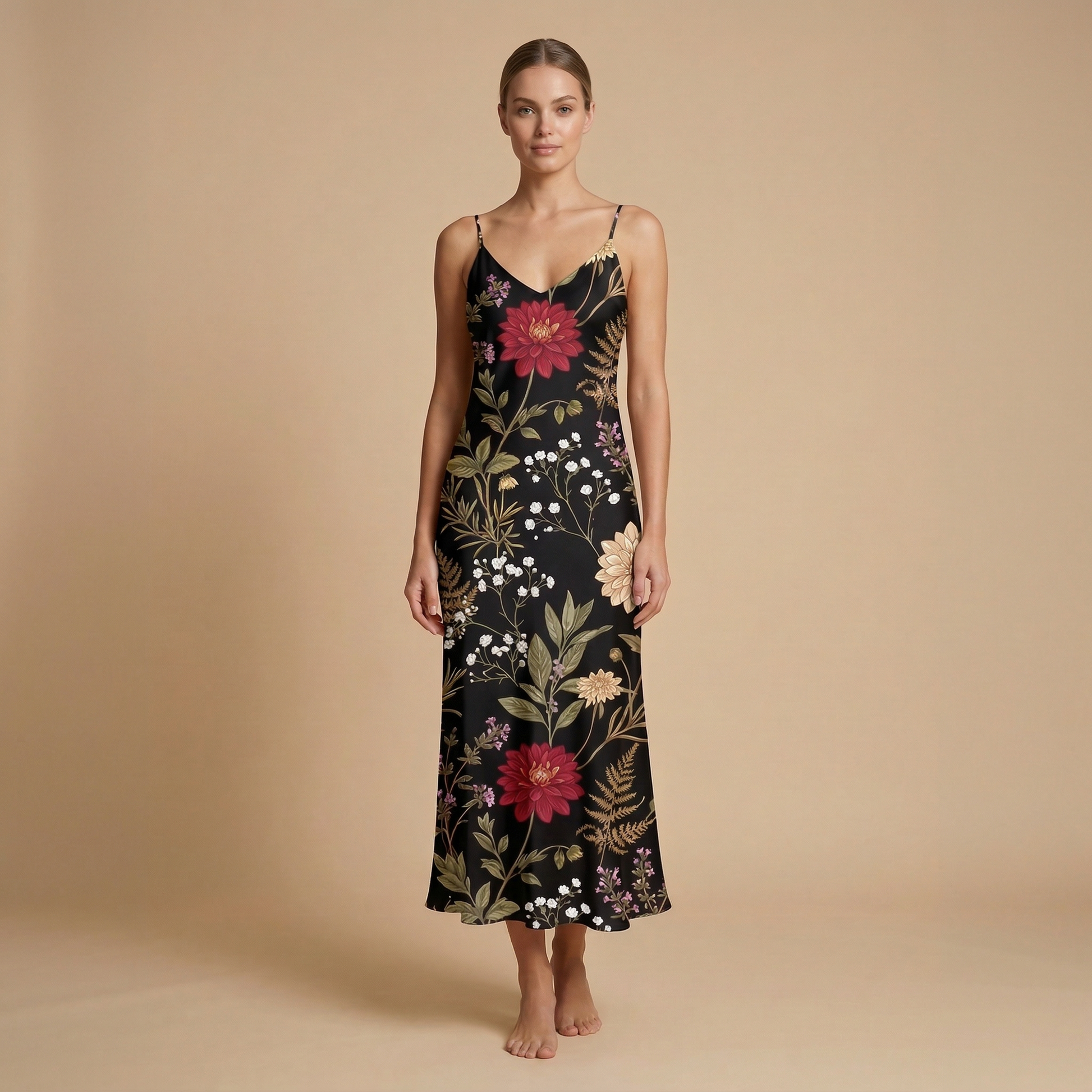 Moonlit Dahlia Sleeveless Maxi Dress | All Over Print Dark Floral Fashion — view 1