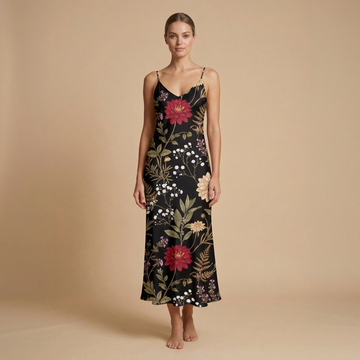 Moonlit Dahlia Sleeveless Maxi Dress | All Over Print Dark Floral Fashion — view 1