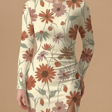Wildflower Meadow side slit dress movement shot - boho floral sublimation print dress